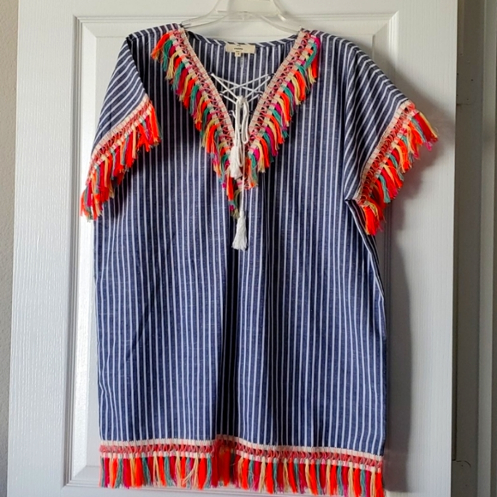 ENTRO Women's Striped Colorful Fringe Tunic Size S